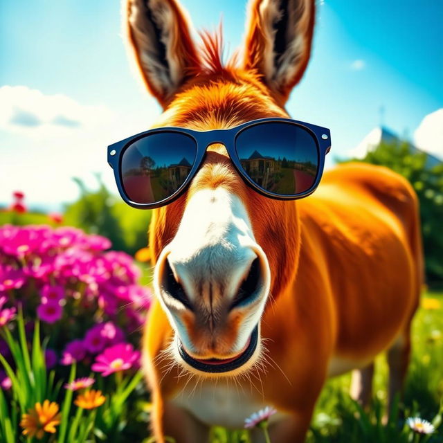 A vibrant scene featuring a lively chestnut-colored donkey wearing stylish sunglasses