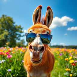 A vibrant scene featuring a lively chestnut-colored donkey wearing stylish sunglasses