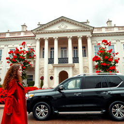 On a cloudy day, a beautifully detailed two-story neoclassical hall featuring a cream-white facade is displayed, with an elegant courtyard teeming with vibrant red flowers in full bloom