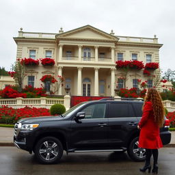 On a cloudy day, a beautifully detailed two-story neoclassical hall featuring a cream-white facade is displayed, with an elegant courtyard teeming with vibrant red flowers in full bloom