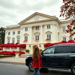 On a cloudy day, a beautifully detailed two-story neoclassical hall featuring a cream-white facade is displayed, with an elegant courtyard teeming with vibrant red flowers in full bloom