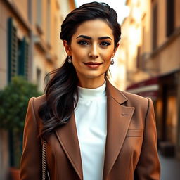 A 39-year-old woman with dark hair and distinct Italian features, fully dressed in fashionable and elegant attire