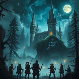 An enchanting scene set in a mysterious castle surrounded by a dense, fog-laden forest