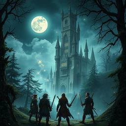 An enchanting scene set in a mysterious castle surrounded by a dense, fog-laden forest