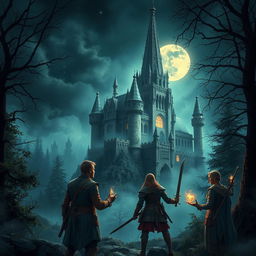 An enchanting scene set in a mysterious castle surrounded by a dense, fog-laden forest