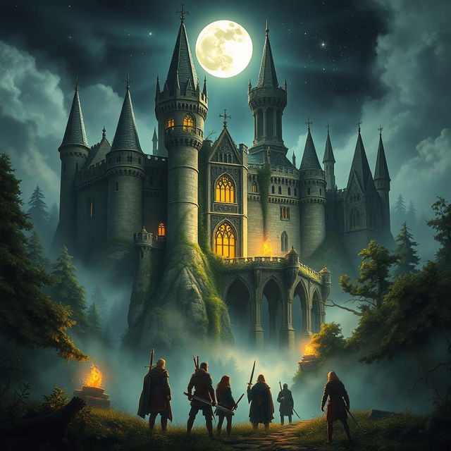 An enchanting scene set in a mysterious castle surrounded by a dense, fog-laden forest