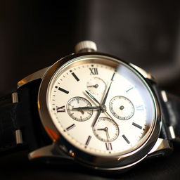 A close-up of a gleaming, polished silver watch, displaying the precise time 35:4