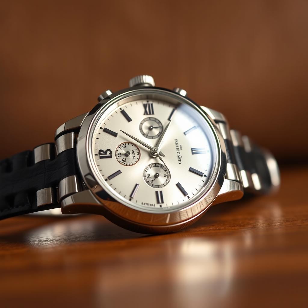 A close-up of a gleaming, polished silver watch, displaying the precise time 35:4