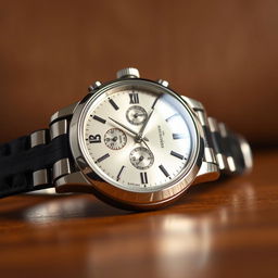 A close-up of a gleaming, polished silver watch, displaying the precise time 35:4