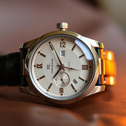 A close-up of a gleaming, polished silver watch, displaying the precise time 35:4