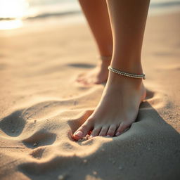 A beautifully lit and artistic close-up of a young woman's feet, adorned with delicate anklets and perfectly manicured toes