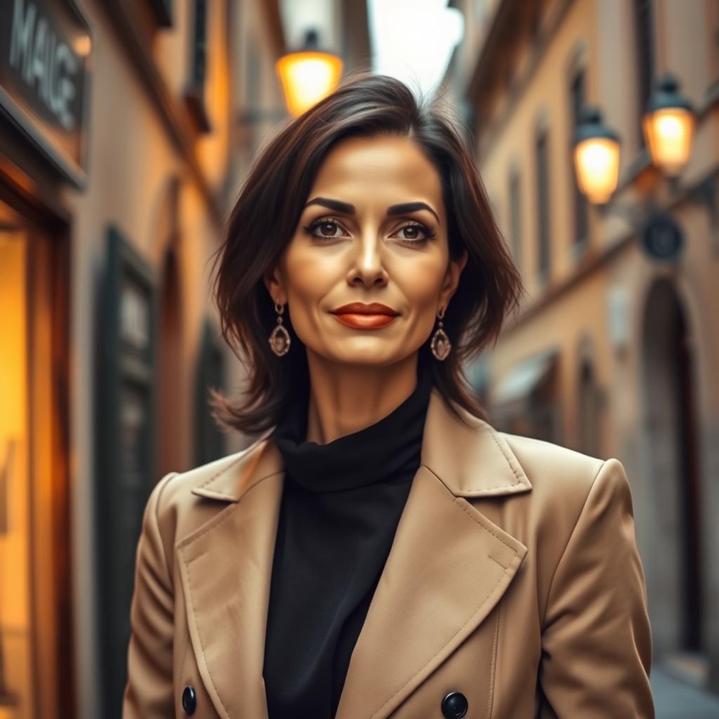 A 39-year-old woman with dark hair and characteristic Italian features, fully dressed in chic and fashionable attire that showcases her elegance