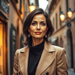 A 39-year-old woman with dark hair and characteristic Italian features, fully dressed in chic and fashionable attire that showcases her elegance