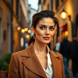 A 39-year-old woman with dark hair and characteristic Italian features, fully dressed in chic and fashionable attire that showcases her elegance