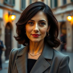 A 39-year-old woman with dark hair and characteristic Italian features, fully dressed in chic and fashionable attire that showcases her elegance