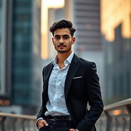 A smartly dressed person wearing a tailored black blazer and a crisp white shirt, paired with stylish black jeans