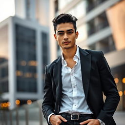 A smartly dressed person wearing a tailored black blazer and a crisp white shirt, paired with stylish black jeans