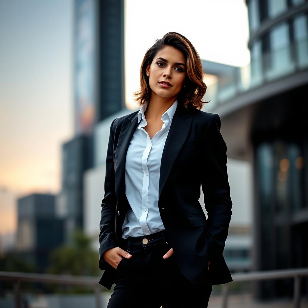 A smartly dressed person wearing a tailored black blazer and a crisp white shirt, paired with stylish black jeans