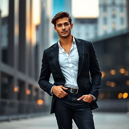 A smartly dressed person wearing a tailored black blazer and a crisp white shirt, paired with stylish black jeans