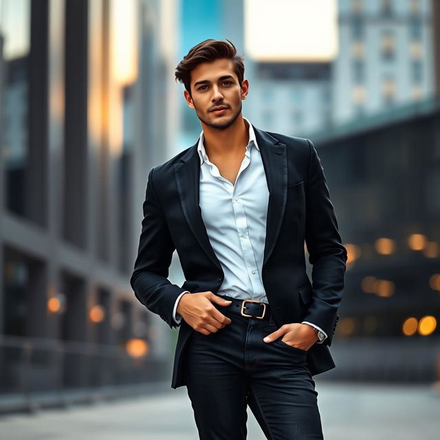 A smartly dressed person wearing a tailored black blazer and a crisp white shirt, paired with stylish black jeans