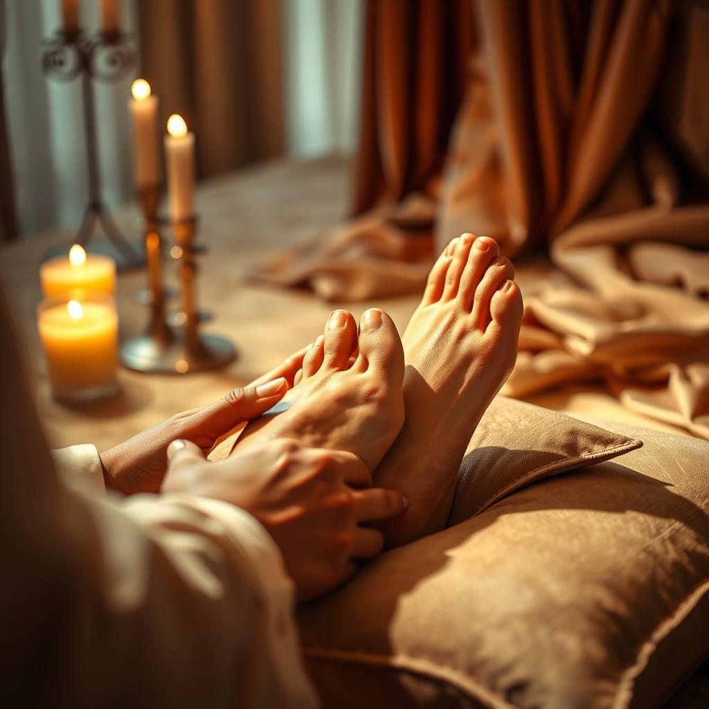 A beautifully lit, intimate scene of feet worship, featuring a close-up view of elegantly manicured feet resting on a plush cushion