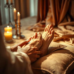 A beautifully lit, intimate scene of feet worship, featuring a close-up view of elegantly manicured feet resting on a plush cushion