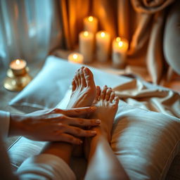 A beautifully lit, intimate scene of feet worship, featuring a close-up view of elegantly manicured feet resting on a plush cushion