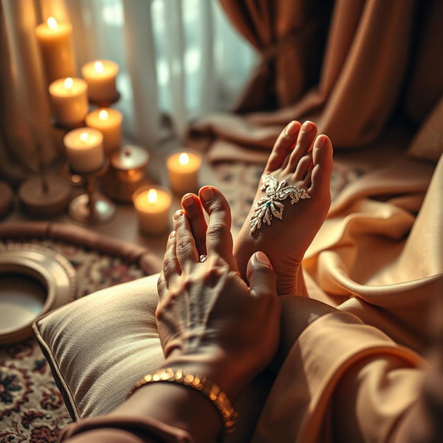 A beautifully lit, intimate scene of feet worship, featuring a close-up view of elegantly manicured feet resting on a plush cushion