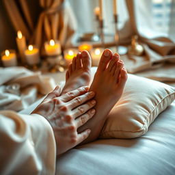 A beautifully lit, intimate scene of feet worship, featuring a close-up view of elegantly manicured feet resting on a plush cushion