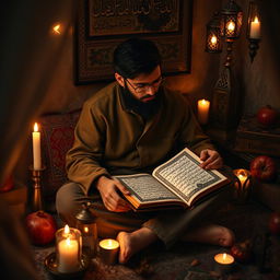 A contemplative poet during Shab-e Yalda, intimately portrayed in a cozy nook filled with the essence of Persian culture