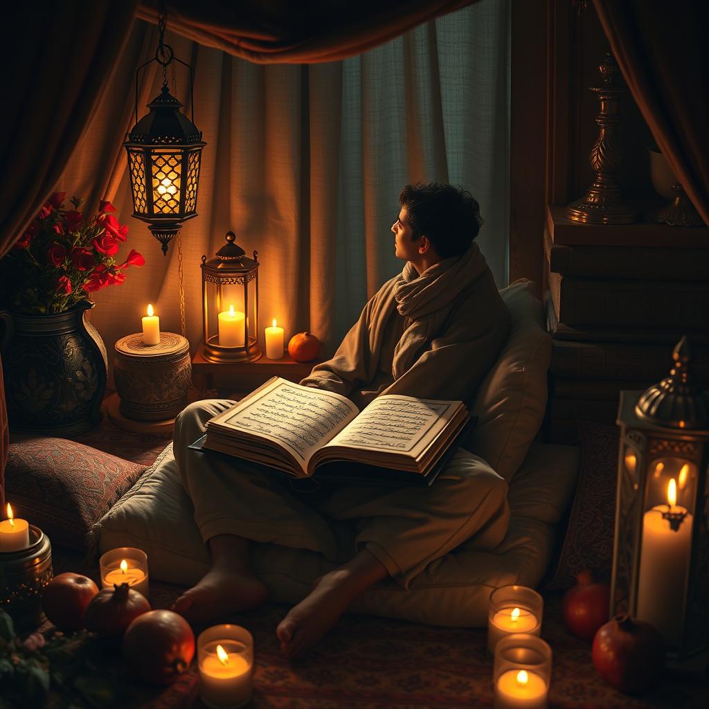 A contemplative poet during Shab-e Yalda, intimately portrayed in a cozy nook filled with the essence of Persian culture