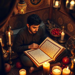 A contemplative poet during Shab-e Yalda, intimately portrayed in a cozy nook filled with the essence of Persian culture