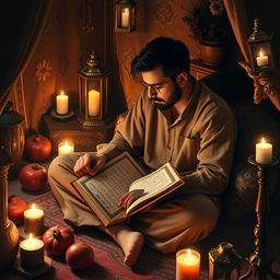 A contemplative poet during Shab-e Yalda, intimately portrayed in a cozy nook filled with the essence of Persian culture