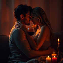 A sensual and intimate scene depicting two adults in a romantic embrace, surrounded by soft, dim lighting that casts gentle shadows