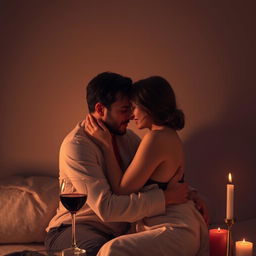 A sensual and intimate scene depicting two adults in a romantic embrace, surrounded by soft, dim lighting that casts gentle shadows