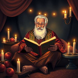 A vivid illustration of the iconic Persian poet Hafez Shirazi, captured in a tranquil setting on the night of Shab-e Yalda