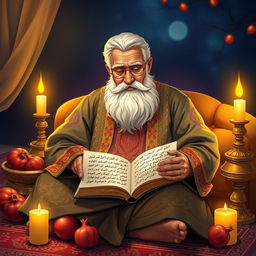 A vivid illustration of the iconic Persian poet Hafez Shirazi, captured in a tranquil setting on the night of Shab-e Yalda