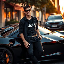 A stylish person wearing a sleek black outfit, adorned with 'Vickey' written prominently on the shirt, is leaning casually against a luxurious black sports car