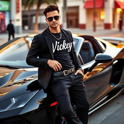 A stylish person wearing a sleek black outfit, adorned with 'Vickey' written prominently on the shirt, is leaning casually against a luxurious black sports car
