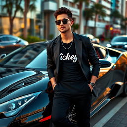 A stylish person wearing a sleek black outfit, adorned with 'Vickey' written prominently on the shirt, is leaning casually against a luxurious black sports car