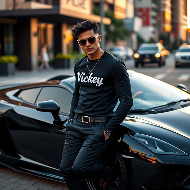 A stylish person wearing a sleek black outfit, adorned with 'Vickey' written prominently on the shirt, is leaning casually against a luxurious black sports car