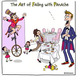 A humorous and vibrant illustration titled 'The Art of Failing with Panache', featuring an eclectic group of stylish individuals engaged in various entertaining mishaps