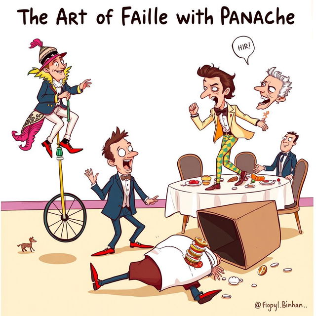 A humorous and vibrant illustration titled 'The Art of Failing with Panache', featuring an eclectic group of stylish individuals engaged in various entertaining mishaps