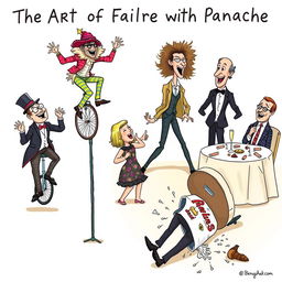 A humorous and vibrant illustration titled 'The Art of Failing with Panache', featuring an eclectic group of stylish individuals engaged in various entertaining mishaps