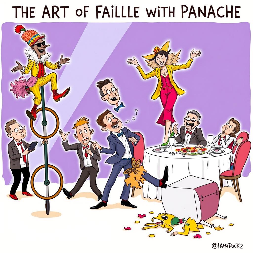 A humorous and vibrant illustration titled 'The Art of Failing with Panache', featuring an eclectic group of stylish individuals engaged in various entertaining mishaps