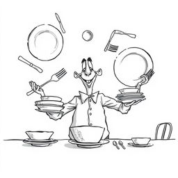 A nonrealistic black and white depiction of a whimsical man setting a table