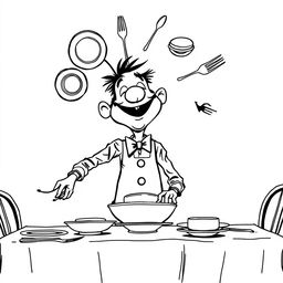 A nonrealistic black and white depiction of a whimsical man setting a table