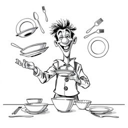 A nonrealistic black and white depiction of a whimsical man setting a table
