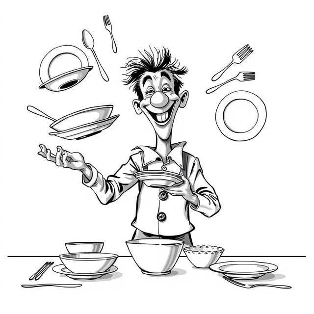 A nonrealistic black and white depiction of a whimsical man setting a table