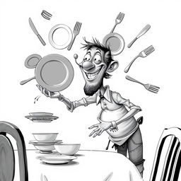 A nonrealistic black and white depiction of a whimsical man setting a table